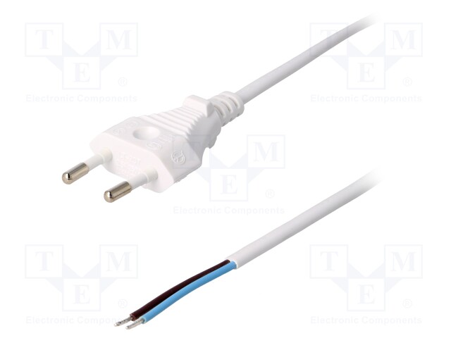 Cable; CEE 7/16 (C) plug,wires; 1.8m; white; PVC; 2x0,75mm2; 2.5A