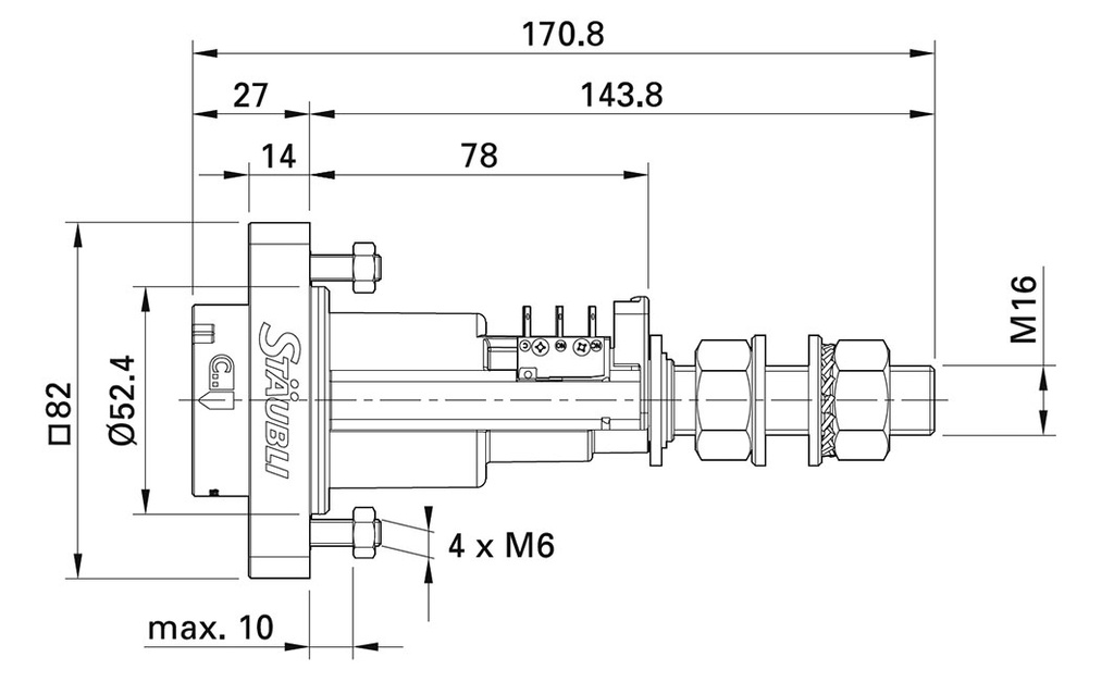 Socket; 170.8mm; M16x1.5,on panel,screw