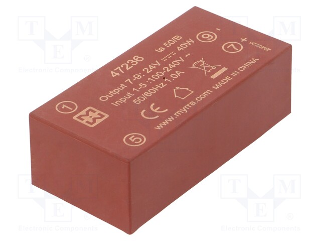 Converter: AC/DC; 40W; Uout: 24VDC; Iout: 1.7A; 85%; Mounting: PCB
