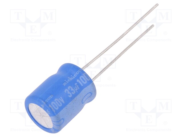 Capacitor: electrolytic; THT; 33uF; 100VDC; Ø10x12.5mm; Pitch: 5mm