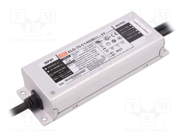 Power supply: switched-mode; LED; 75W; 27÷54VDC; 1400mA; IP67; 800g