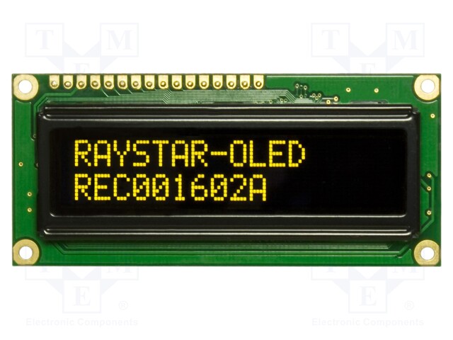 Display: OLED; alphanumeric; 16x2; Dim: 80x36x10mm; yellow; PIN: 16