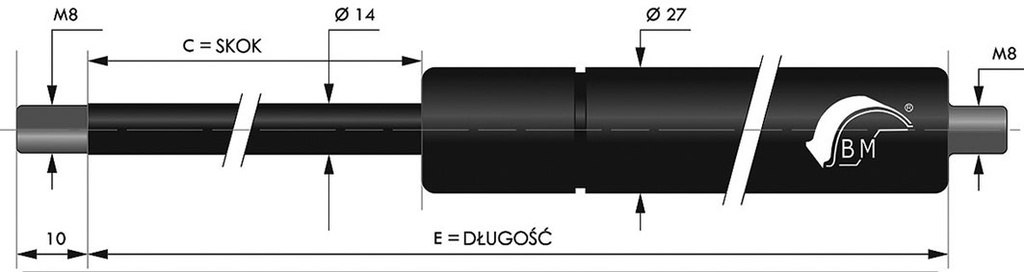 Gas spring; Thread: M8; E: 355mm; Øout: 27mm; Piston diam: 14mm