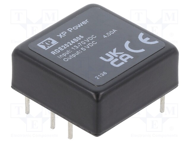 Isolated Board Mount DC/DC Converter, Railway, 1 Output, 20 W, 5 V, 4 A