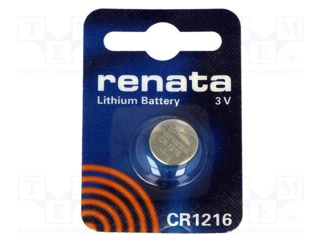 Battery: lithium; 3V; CR1216,coin; Batt.no: 1; Ø12.5x1.6mm; 30mAh