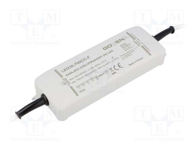 Power supply: switched-mode; LED; 30W; 10÷50VDC; 700mA; 185÷265VAC