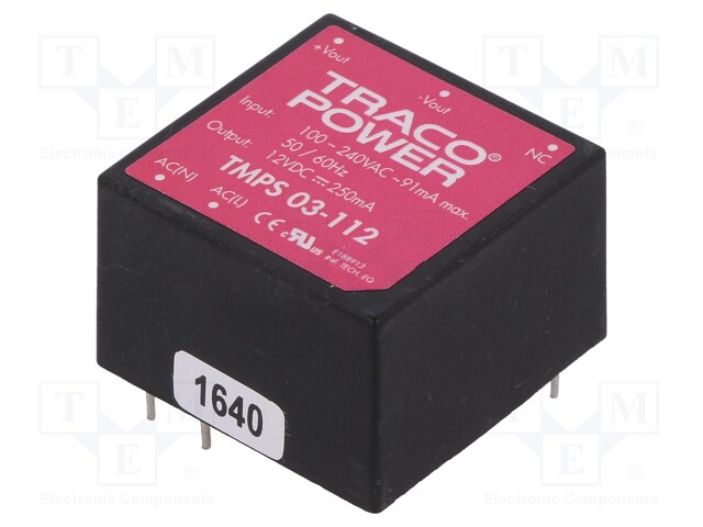 Converter: AC/DC; 3W; Uout: 12VDC; Iout: 250mA; 78%; Mounting: PCB