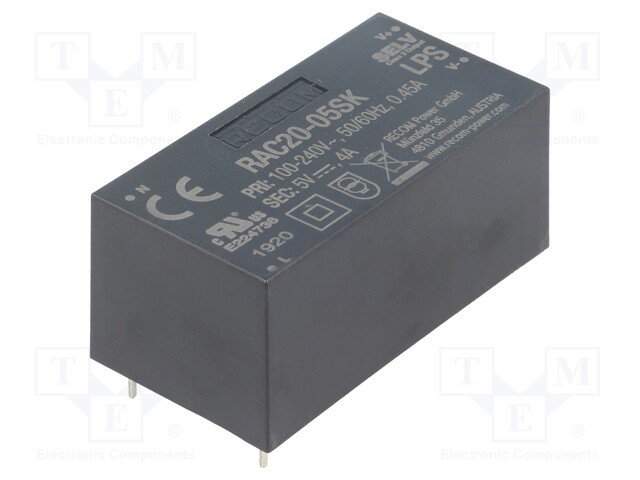 Converter: AC/DC; 20W; Uout: 5VDC; Iout: 4A; 84%; Mounting: PCB; 3000V