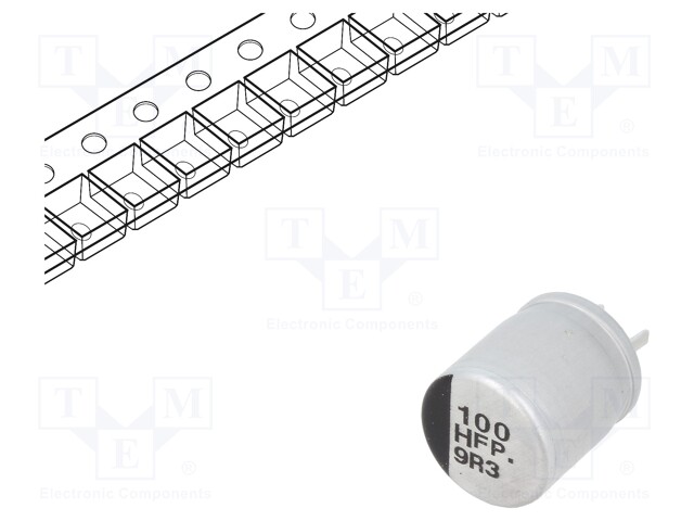 Capacitor: electrolytic; low impedance; 100uF; 50VDC; Case: F; FP