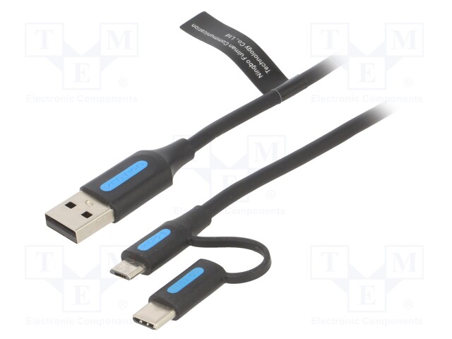 Cable; USB 2.0; USB A plug,USB B micro plug,USB C plug; 2m; 3A