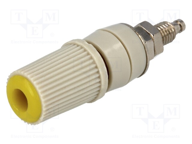 Socket; 4mm banana; 24A; yellow; nickel plated; screw,on panel