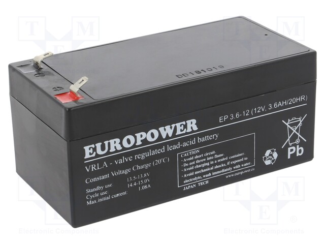 Re-battery: acid-lead; 12V; 3.6Ah; AGM; maintenance-free