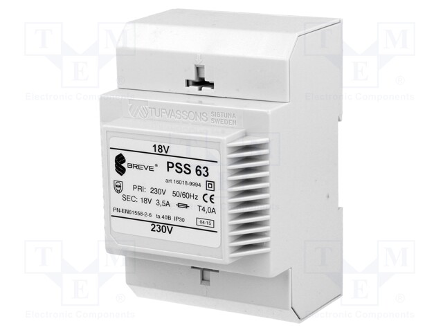 Transformer: safety; 63VA; 230VAC; 18V; IP30; Mounting: DIN; 1.1kg