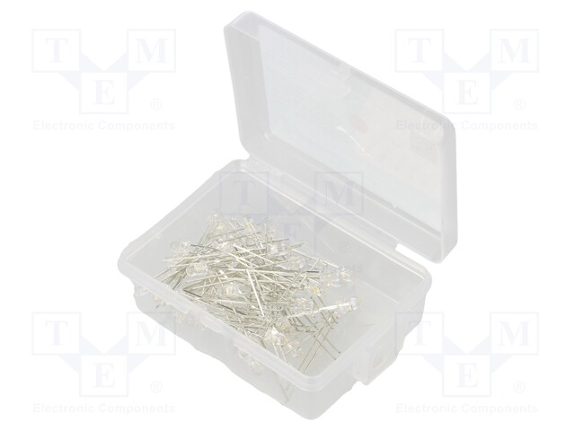 Kit: LED; 3mm; THT; 50pcs; white warm; 3÷15V; plastic box; 7.5mA; 30°