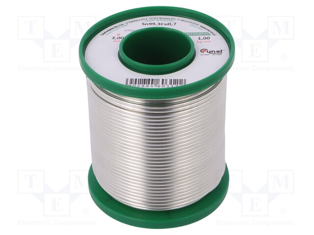 Solid,soldering wire; Sn99,3Cu0,7; 2mm; 1kg; lead free; 227°C