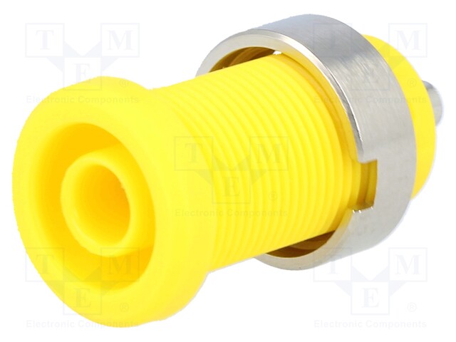 Socket; 4mm banana; 25A; Cutout: Ø12mm; yellow; nickel plated; 5mΩ