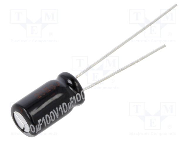 Capacitor: electrolytic; THT; 10uF; 100VDC; Ø6.3x11.2mm; ±20%; 54mA