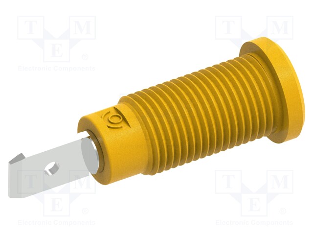 Socket; 2mm banana; 10A; 600V; 29.2mm; yellow; on panel,screw