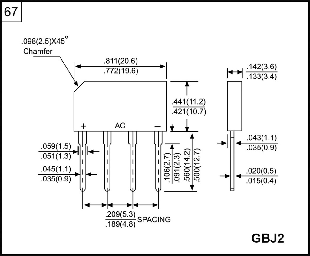 Bridge rectifier: one-phase; Urmax: 200V; Ifsm: 65A; GBJ2; If: 2A