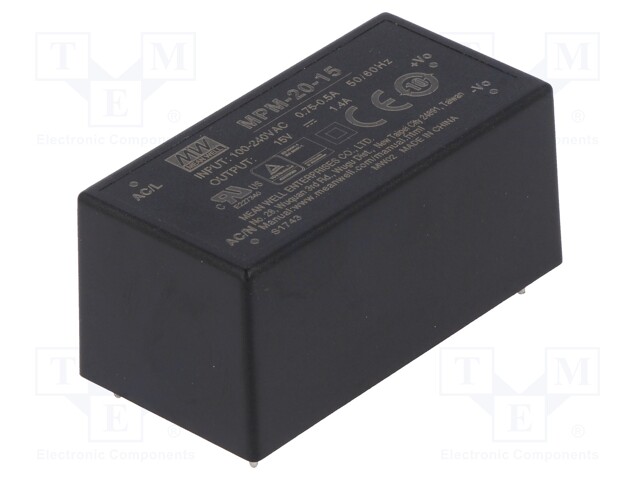 Power supply: switched-mode; modular; 20W; 15VDC; 52.4x27.2x24mm