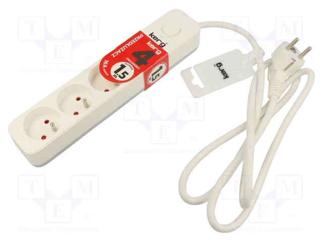 Extension lead; Sockets: 4; PVC; white; 3x1,5mm2; 1.5m; 16A