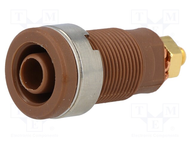 Socket; 4mm banana; 32A; brown; gold-plated; screw,on panel; 32mm