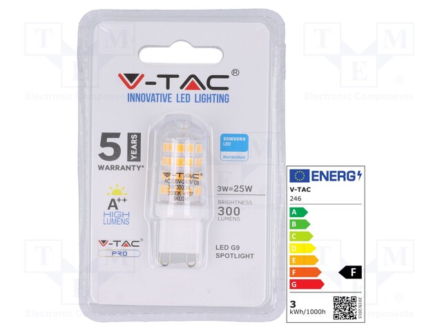 LED lamp; warm white; G9; 220/240VAC; 300lm; 3W; 3000K; CRImin: 80