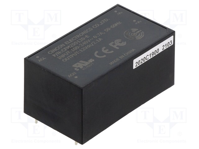 Converter: AC/DC; 25W; Uout: 12VDC; Iout: 2.1A; 84%; Mounting: PCB