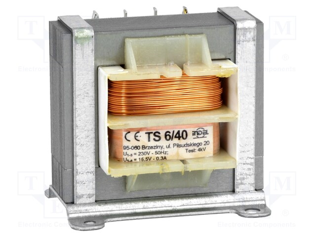 Transformer: mains; 6VA; 230VAC; 15.5V; 0.3A; Leads: for PCB; IP00