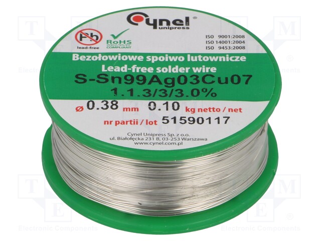 Soldering wire; Sn99Ag0,3Cu0,7; 380um; 100g; lead free; 216÷227°C