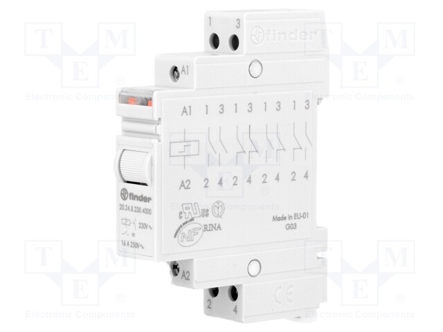 Relay: installation; bistable; NO x2; 230VAC; Mounting: DIN; 16A