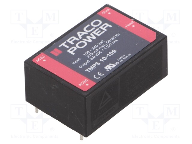 Converter: AC/DC; 10W; Uout: 9VDC; Iout: 1100mA; 83%; Mounting: PCB