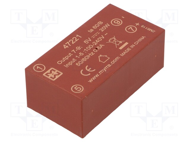Converter: AC/DC; 20W; Uout: 5VDC; Iout: 4A; 82%; Mounting: PCB