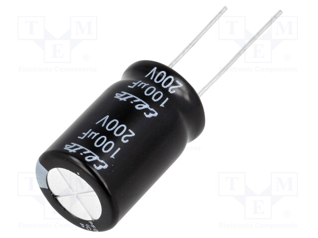 Capacitor: electrolytic; THT; 100uF; 200VDC; Ø16x25mm; Pitch: 7.5mm