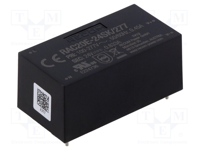 Converter: AC/DC; 20W; 85÷305VAC; 24VDC; Iout: 833mA; 84%; PCB; 4000V