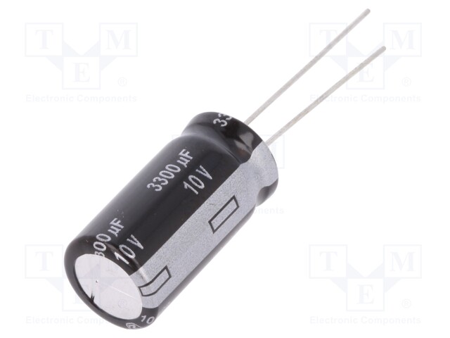 Capacitor: electrolytic; THT; 3300uF; 10VDC; Ø12.5x25mm; Pitch: 5mm