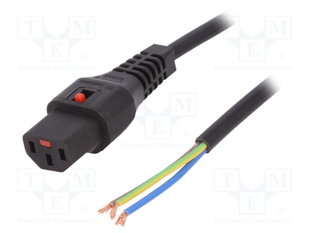 Cable; IEC C13 female,wires; 5m; with IEC LOCK locking; black