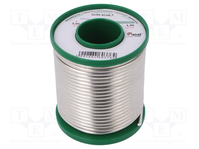 Solid,soldering wire; Sn99,3Cu0,7; 3mm; 1kg; lead free; 227°C