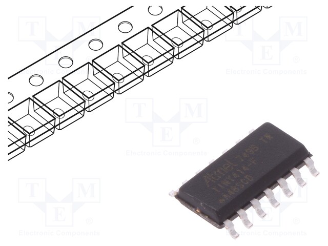 AVR microcontroller; EEPROM: 128B; SRAM: 256B; Flash: 4kB; SO14