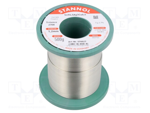 Soldering wire; Sn96,5Ag3,0Cu0,5; 1.2mm; 500g; lead free; 2.7%