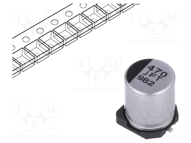 Capacitor: electrolytic; low impedance; 470uF; 6.3VDC; Case: D8