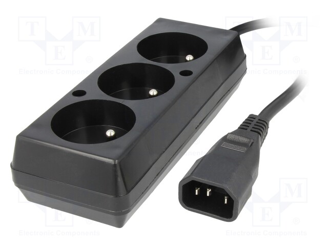 Cable; CEE 7/5 (E) socket,IEC C14 male; 0.3m; Sockets: 3; black