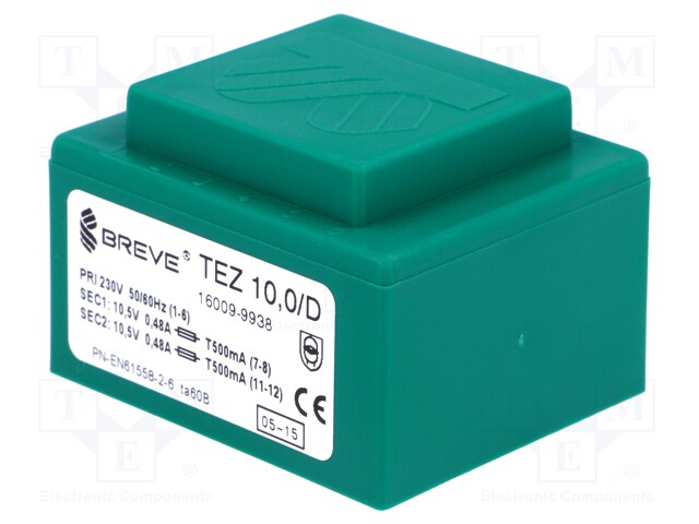 Transformer: encapsulated; 10VA; 230VAC; 10.5V; 10.5V; 476.1mA