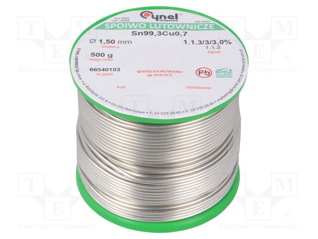 Soldering wire; Sn99Ag0,3Cu0,7; 1.5mm; 500g; lead free; 216÷227°C