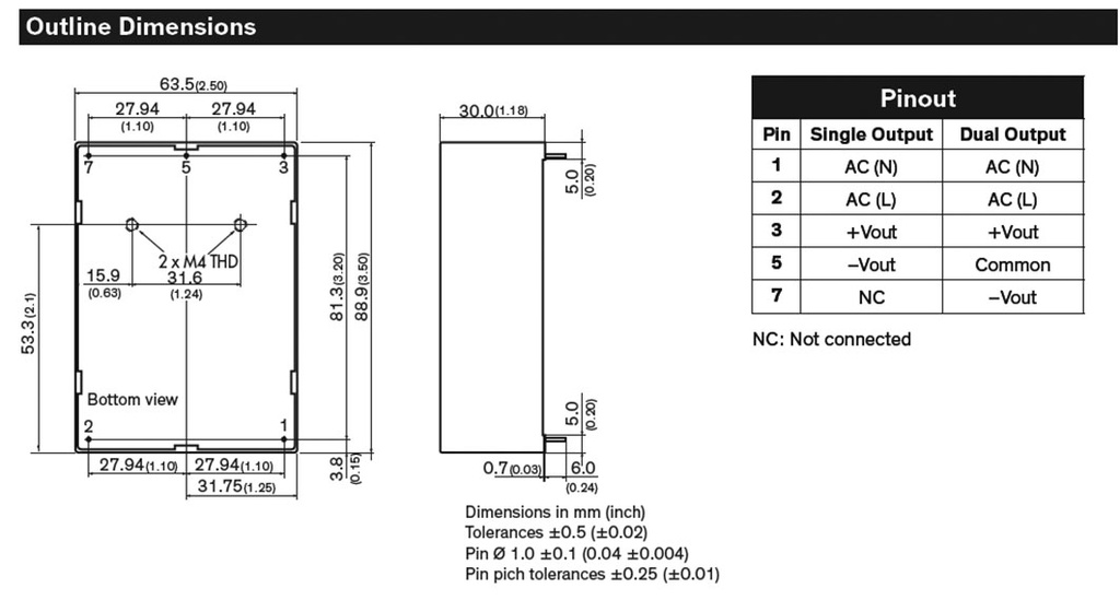 Converter: AC/DC; 40W; Uout: 15VDC; Iout: 1.33A; 85%; Mounting: PCB