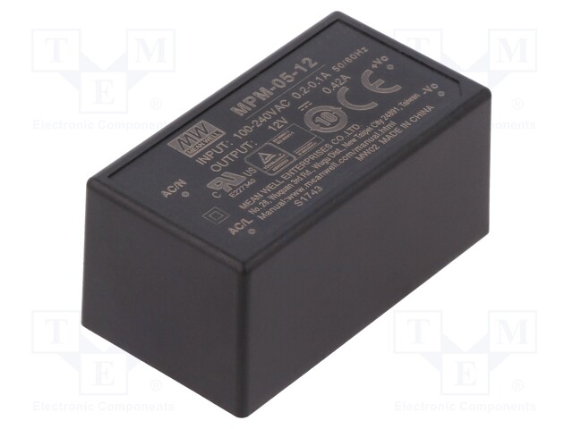 Power supply: switched-mode; modular; 5W; 12VDC; 45.7x25.4x21.5mm