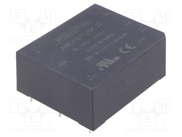 Converter: AC/DC; 10W; Uout: 12VDC; Iout: 0.45A; 80%; Mounting: PCB