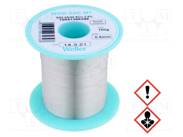 Soldering wire; Sn96,5Ag3,0Cu0,5; 0.5mm; 100g; lead free; 3.5%