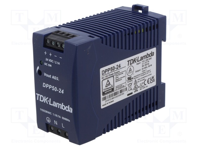 Power supply: switched-mode; for DIN rail; 50W; 24VDC; 2.1A; 86%