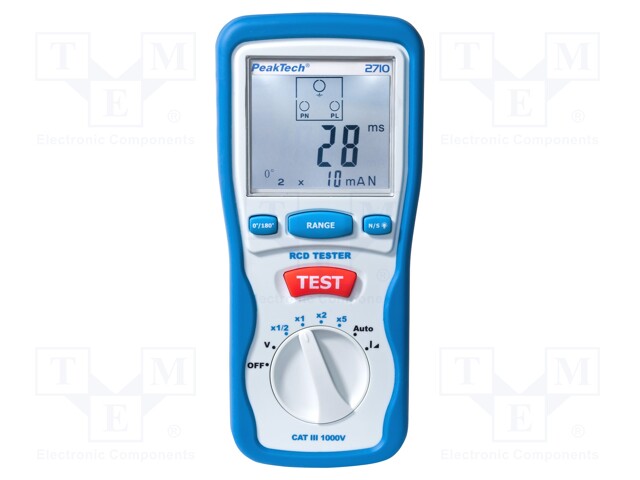 RCD tester; LCD 3 digits,with a backlit; VAC: 230V; IP40